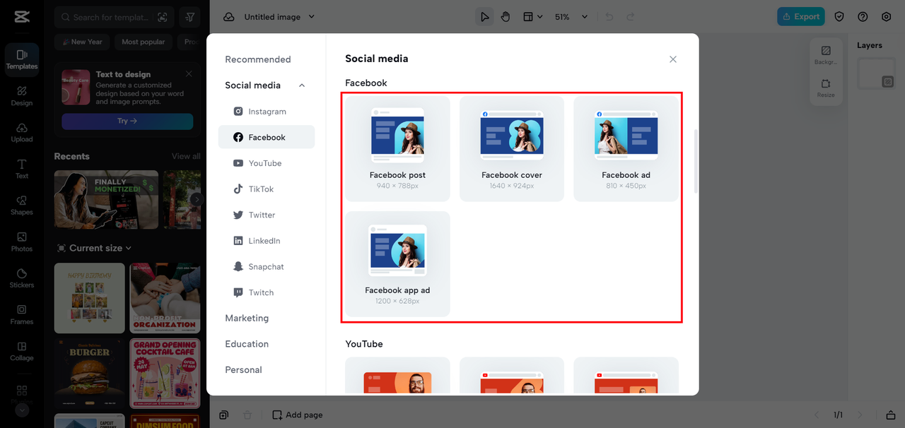 Facebook size options