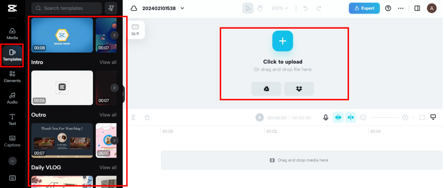Upload video or start with a YouTube template