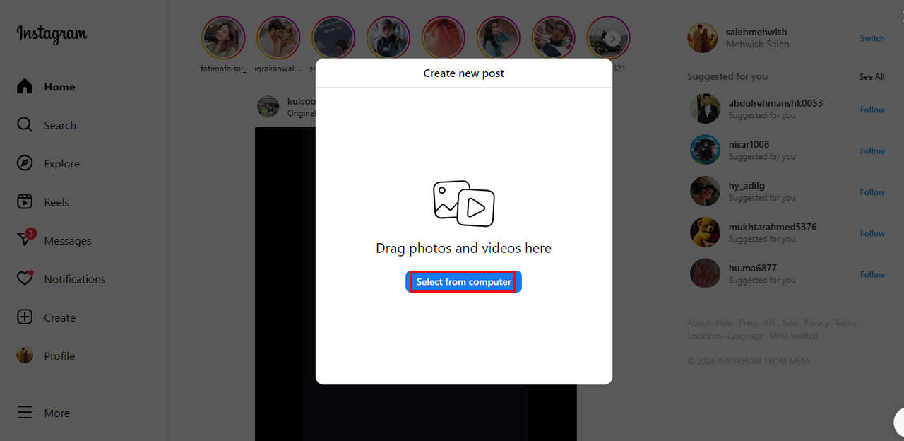 open Instagram and upload