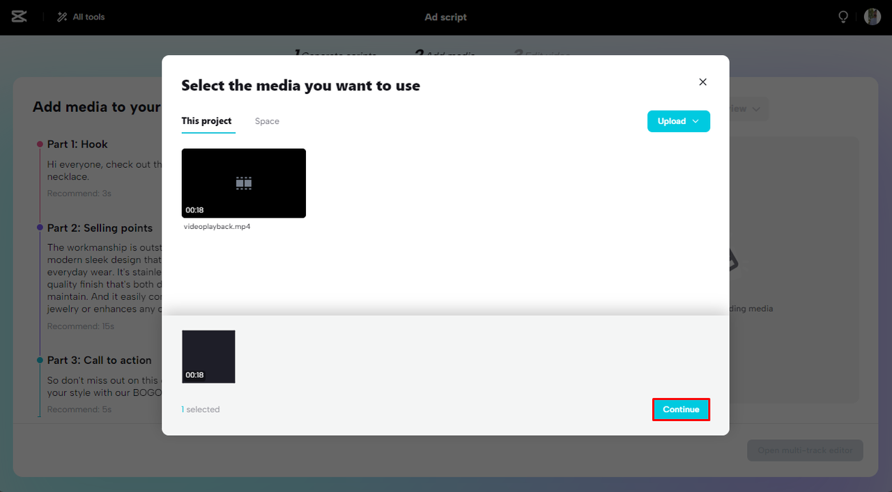 Select the uploaded video
