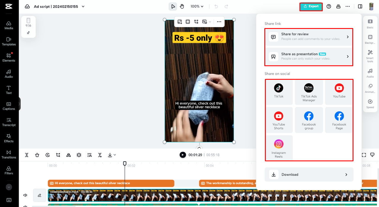Export your video to social media