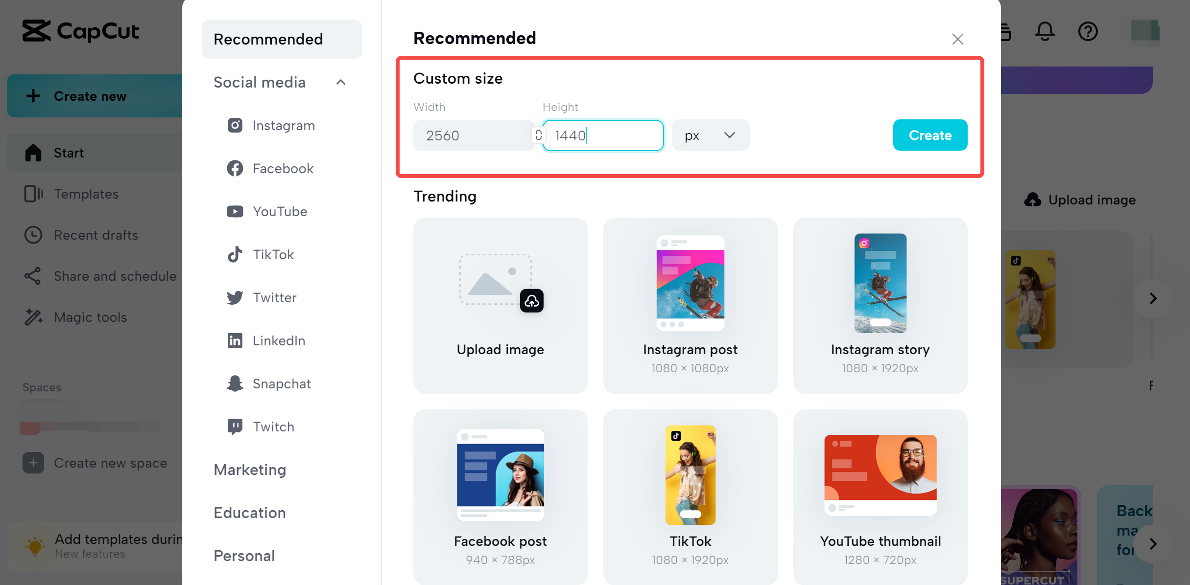 custom the canva size
