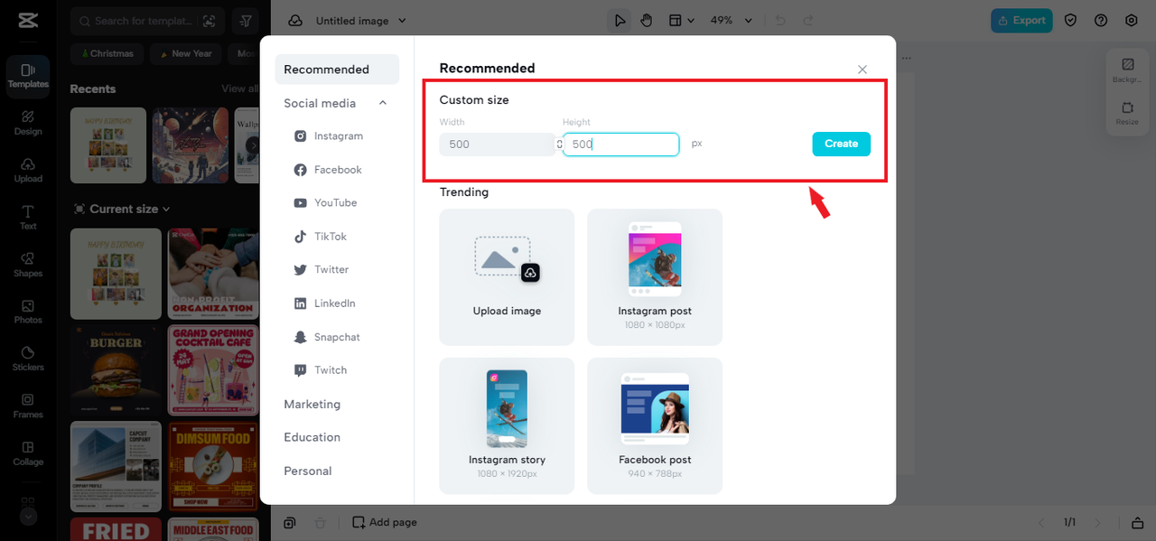selecting canvas size for ice cream logo in CapCut Online
