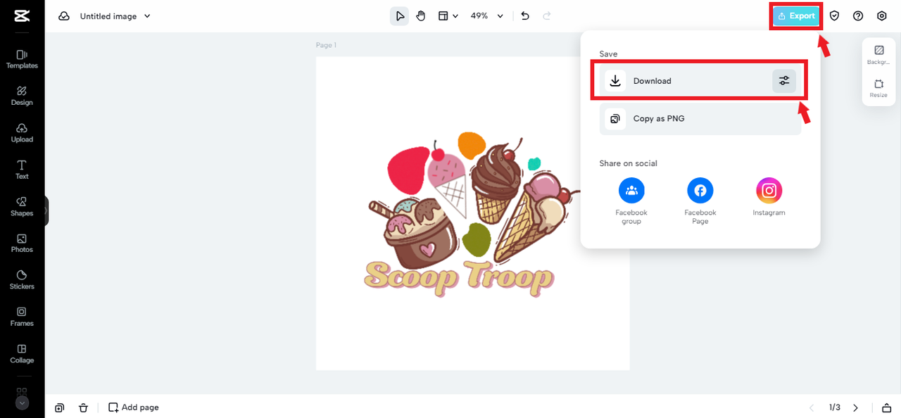 exporting ice cream logo from CapCut Online