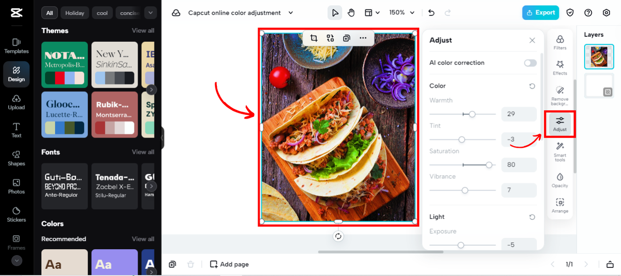 CapCut Online color adjustment