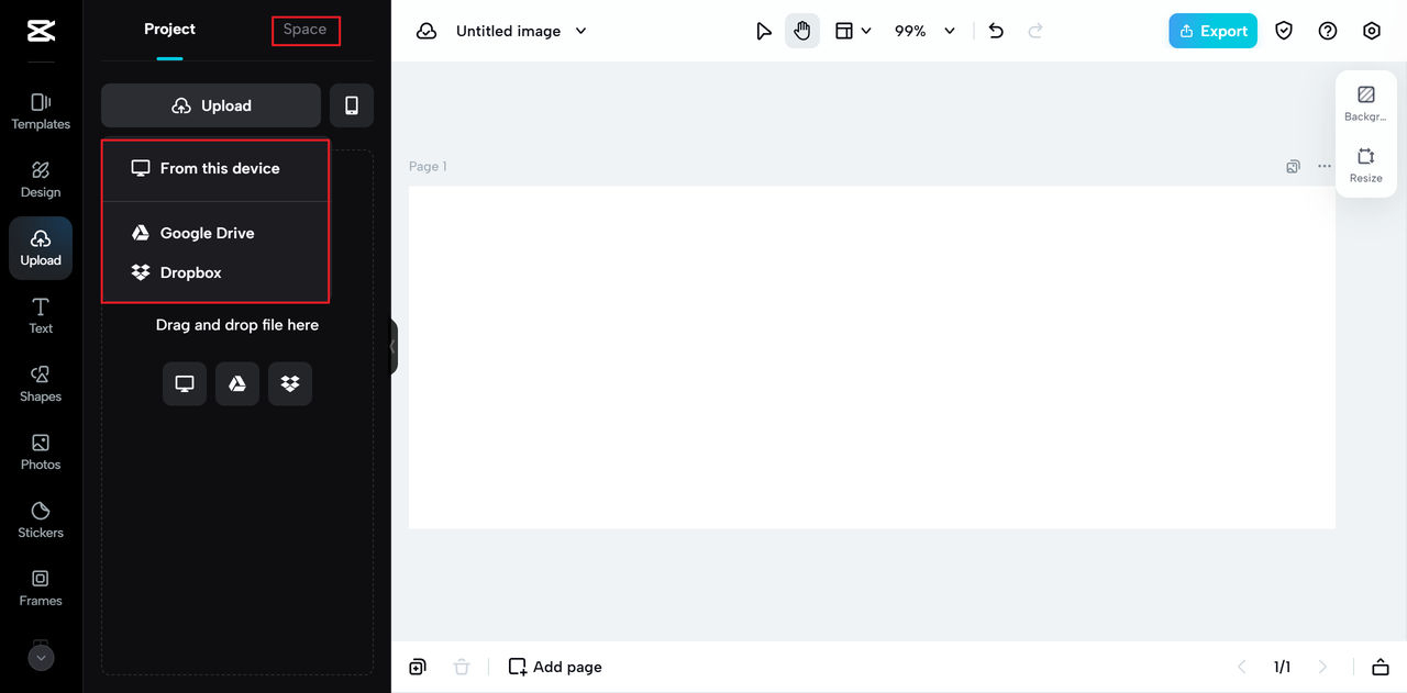Uploading options on CapCut Online