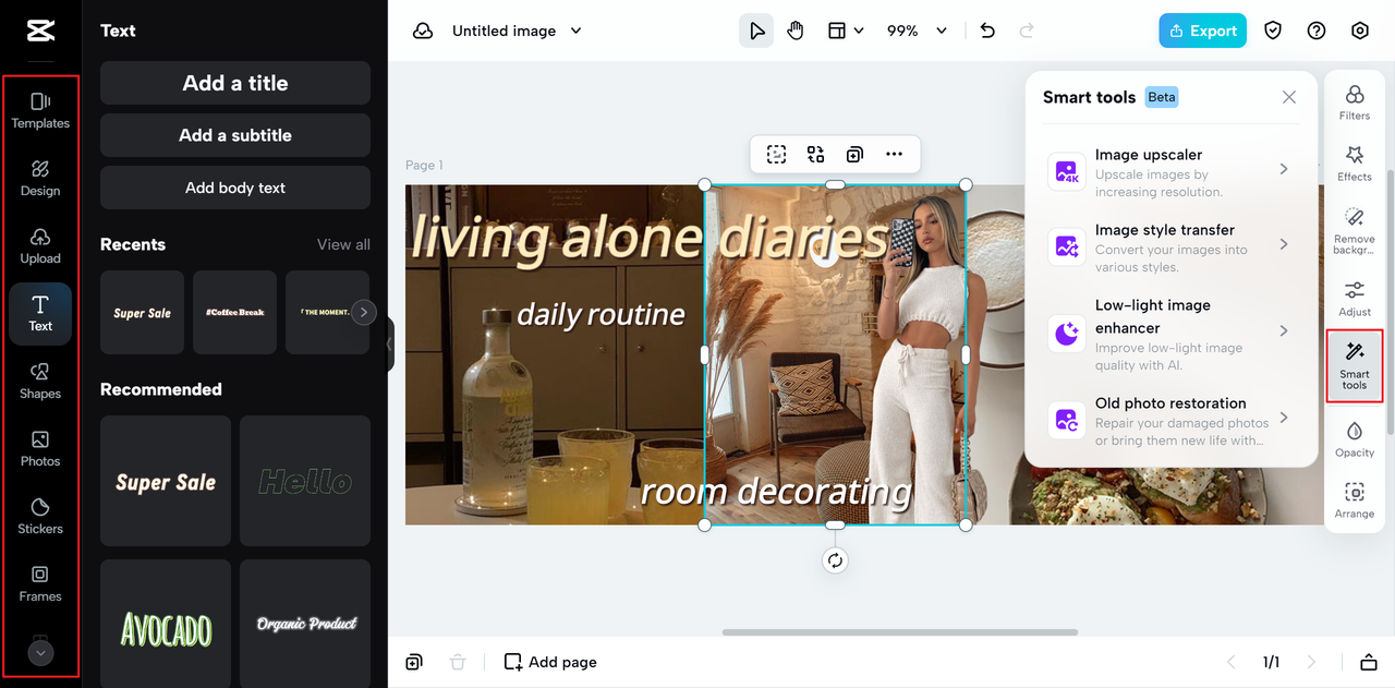 CapCut Online's editing options and media resource