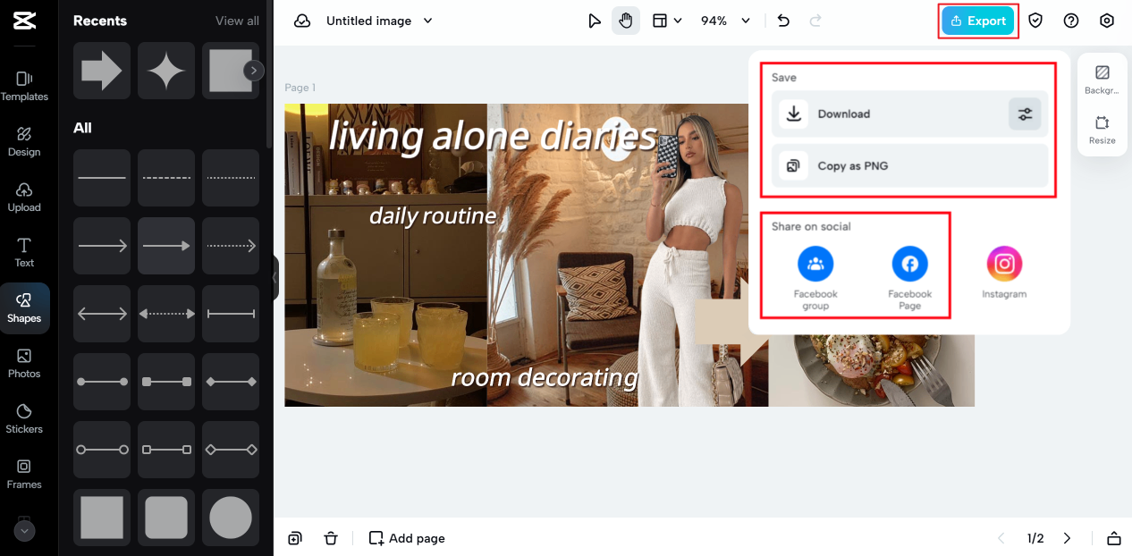 Exporting file from CapCut Online