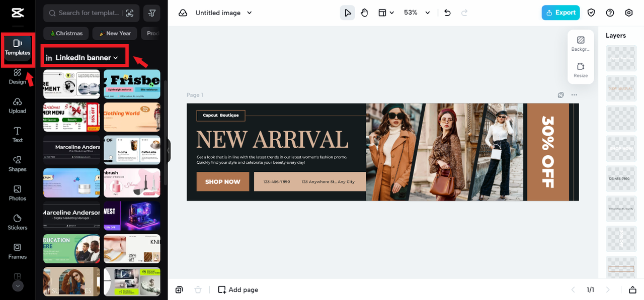 selecting LinkedIn banner template in CapCut Online