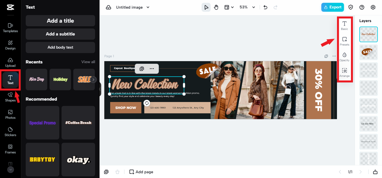 adding text to banner template in CapCut Online 