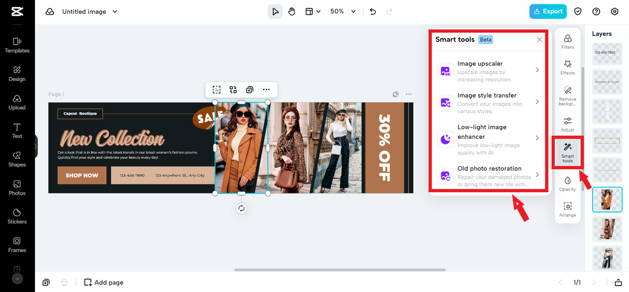 Applying smart tools on the banner template for LinkedIn in CapCut Online