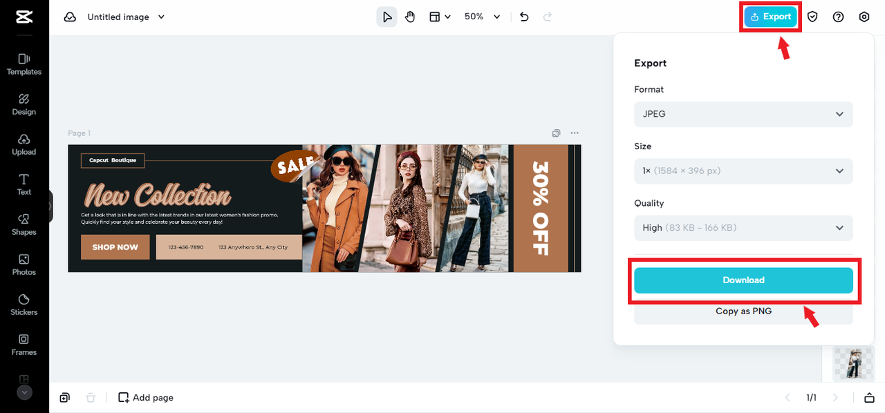 exporting LinkedIn banner from CapCut Online