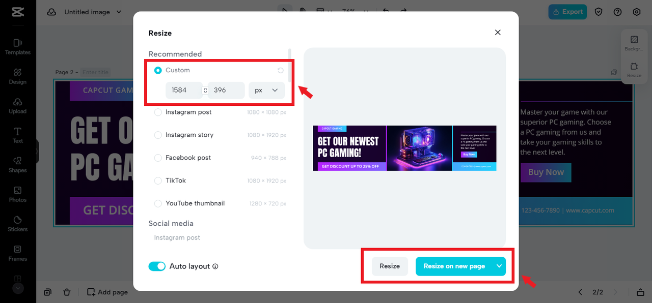 Resize feature in CapCut Online