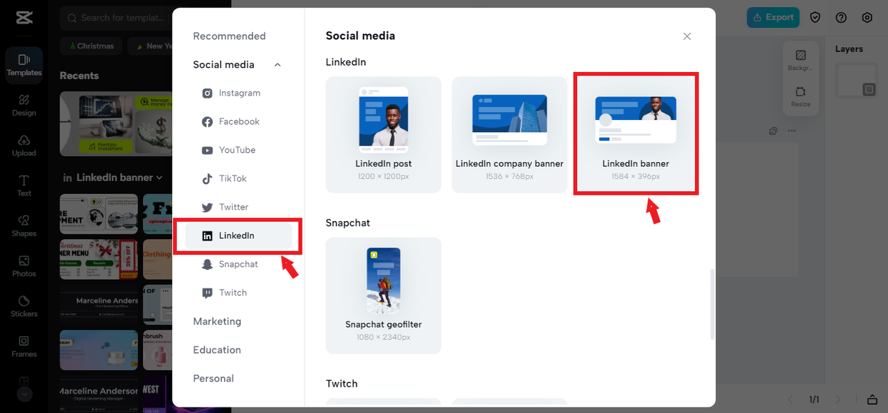 Selecting LinkedIn banner size preset in CapCut Online
