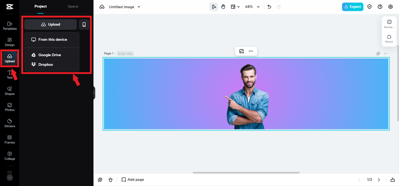 uploading image for LinkedIn banner in CapCut Online