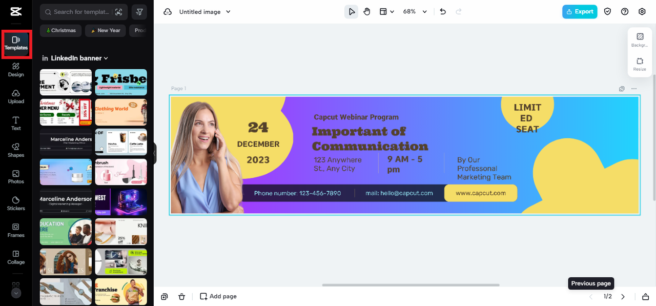 selecting template for LinkedIn banner in CapCut Online