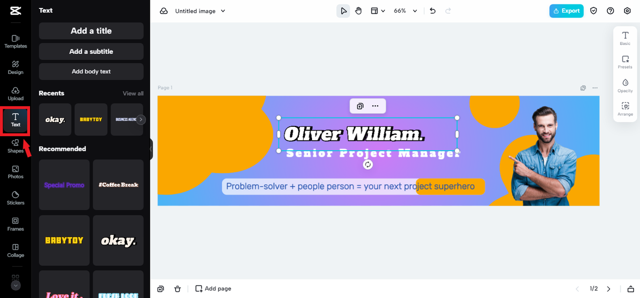 adding text to LinkedIn banner in CapCut Online
