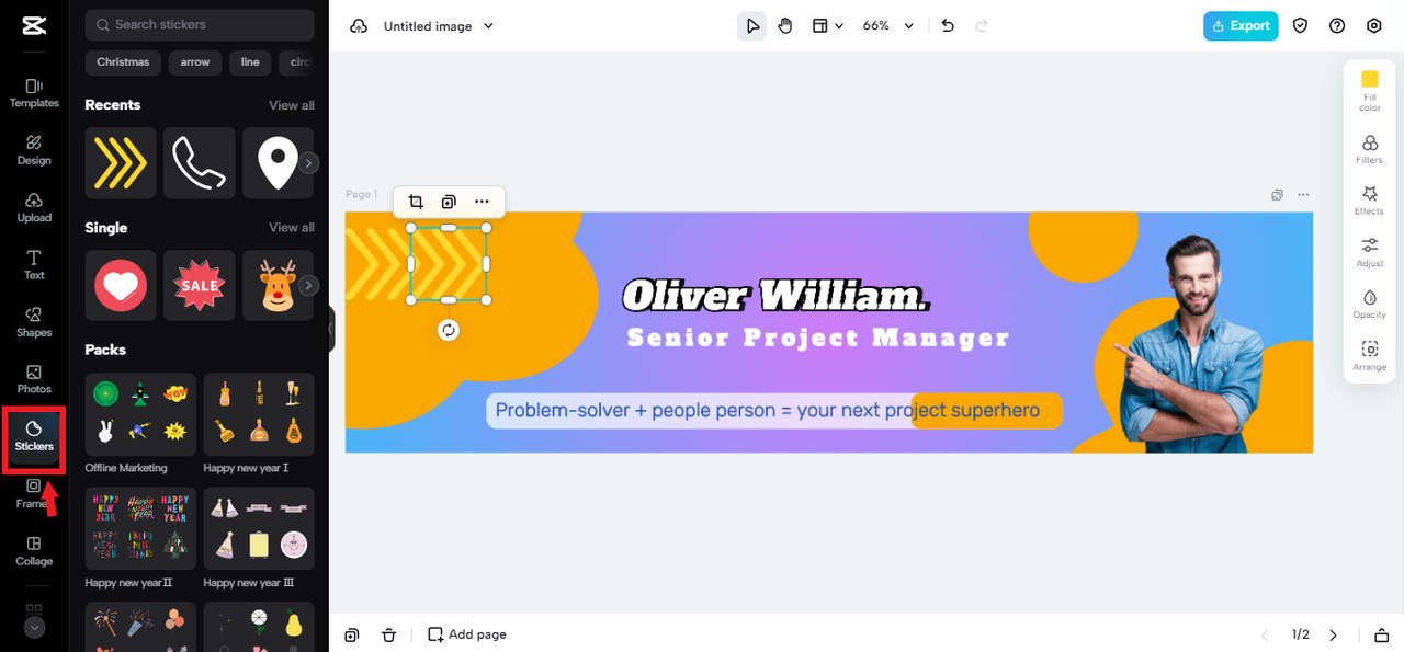 adding sticker to LinkedIn banner in CapCut Online