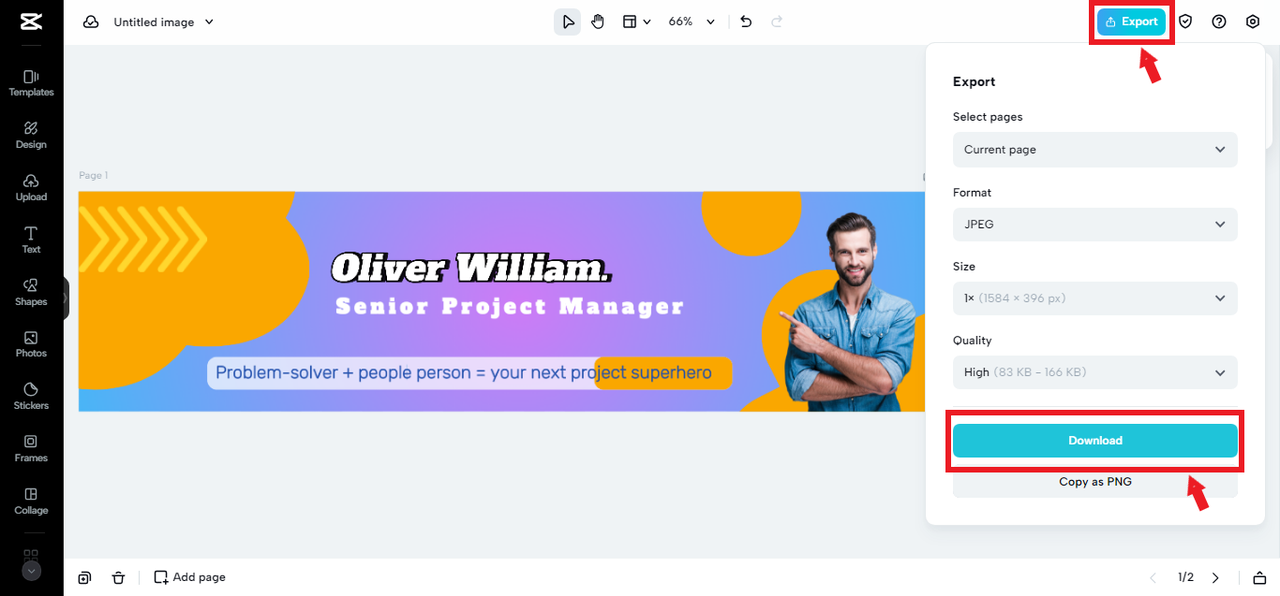exporting LinkedIn banner from CapCut Online