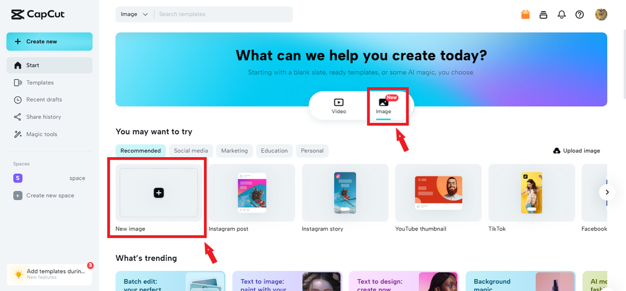 creating new image on CapCut Online for making LinkedIn header