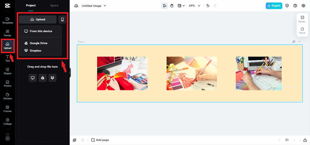 uploading images for LinkedIn header to CapCut Online
