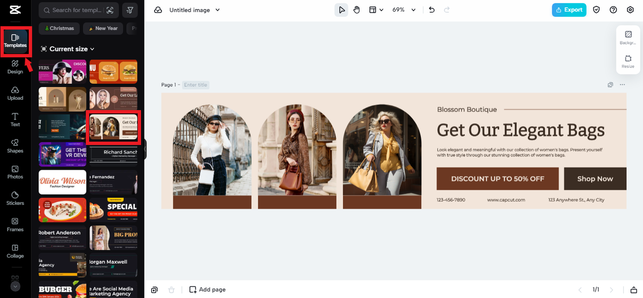 selecting templates in CapCut Online for LinkedIn header