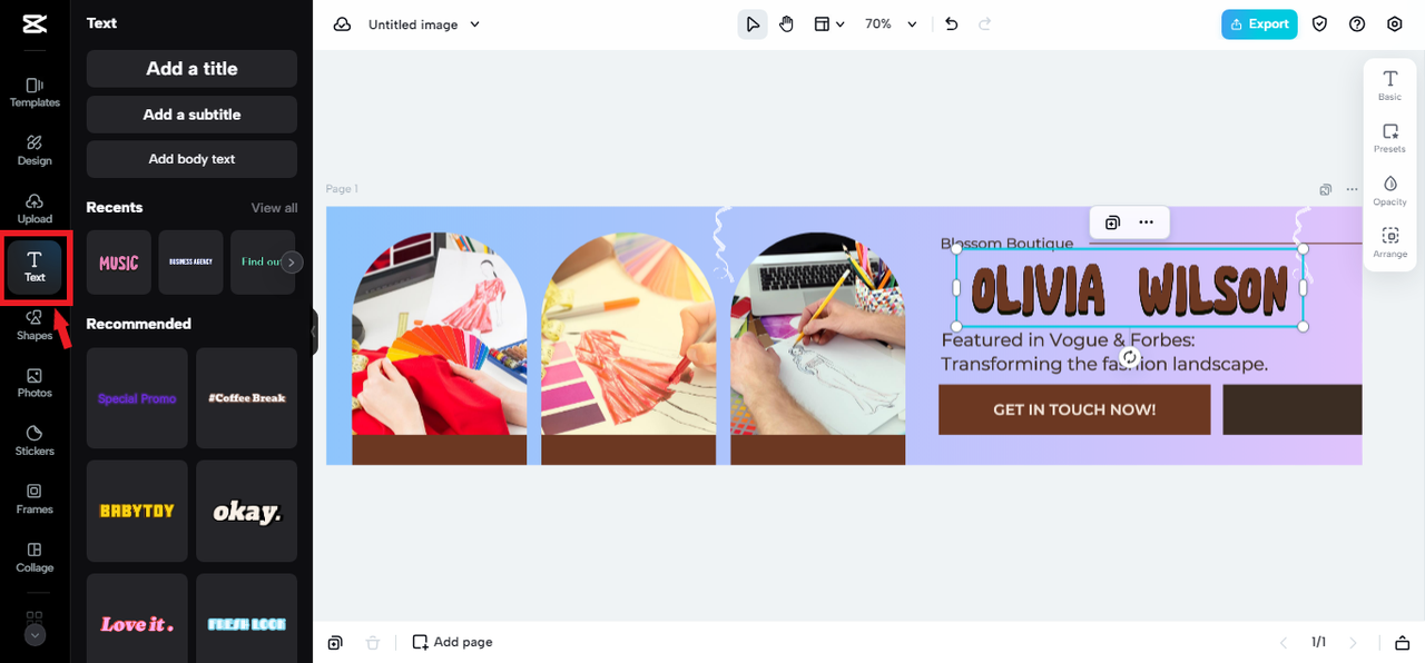 Adding text to LinkedIn header in CapCut Online