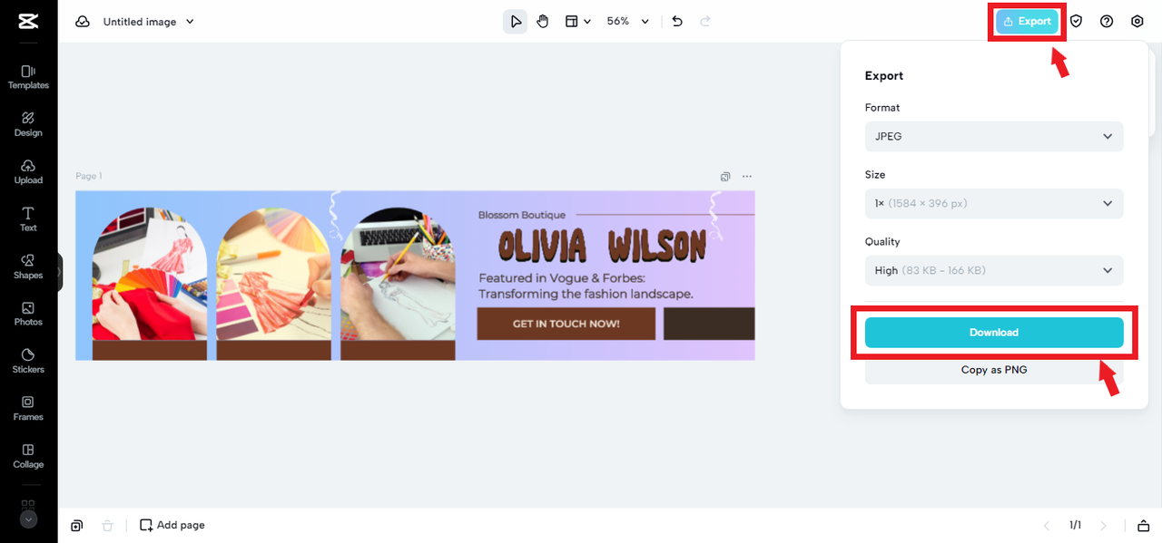 exporting LinkedIn header image from CapCut Online