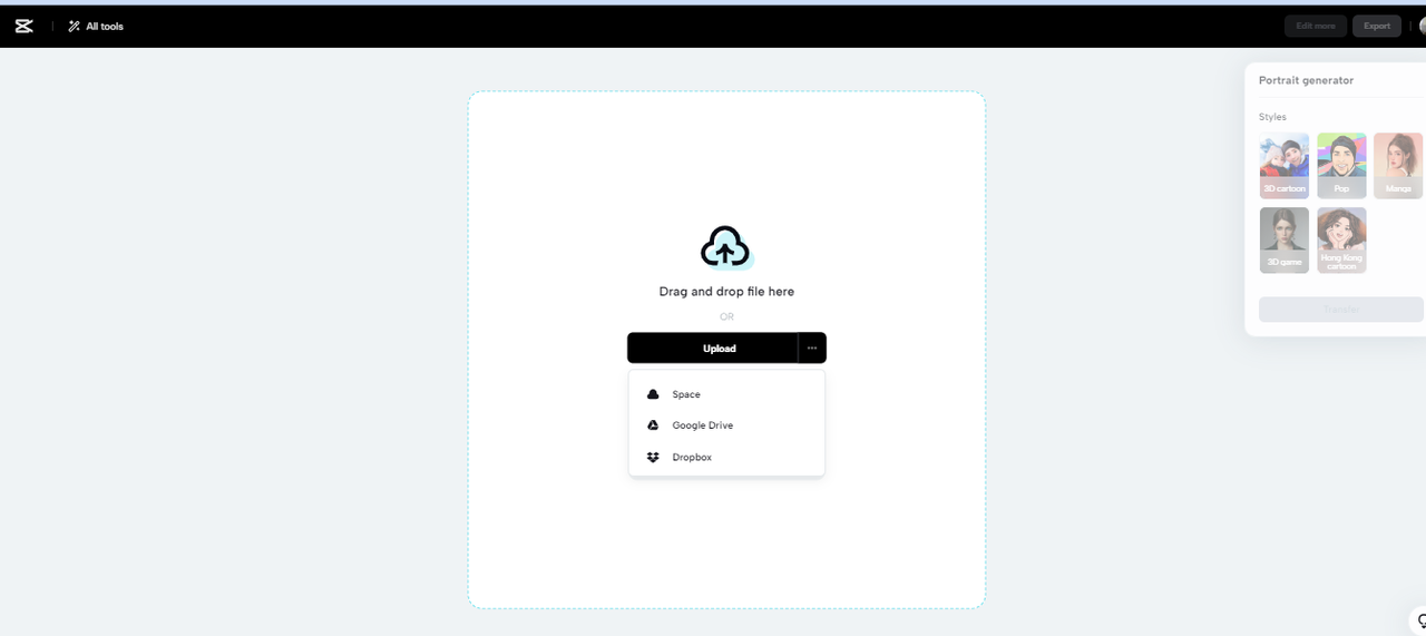 Upload media file in CapCut portrait generator