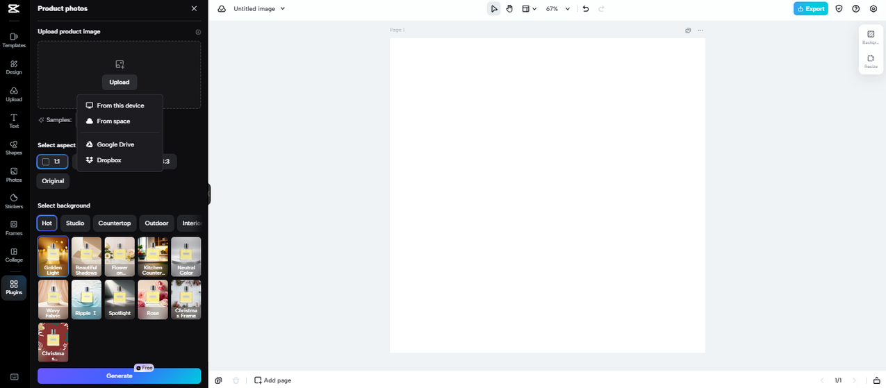 Upload product photo to CapCut product photos