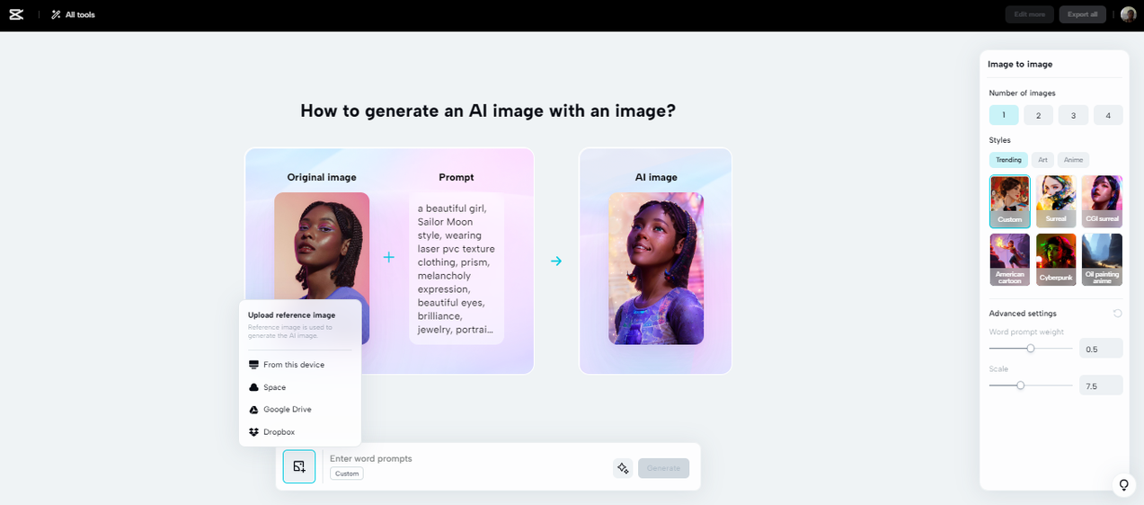 Upload reference image to CapCut image to image