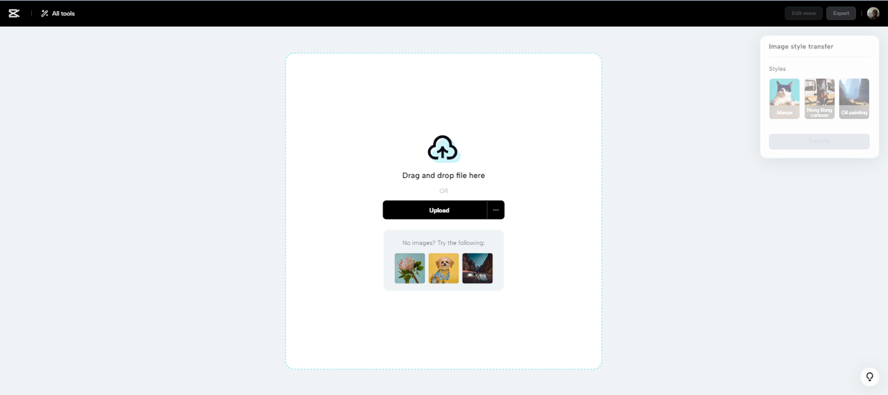 Upload image file to CapCut image style transfer