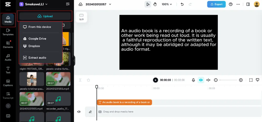 How to upload visual CapCut online video editor and text to speech free generator