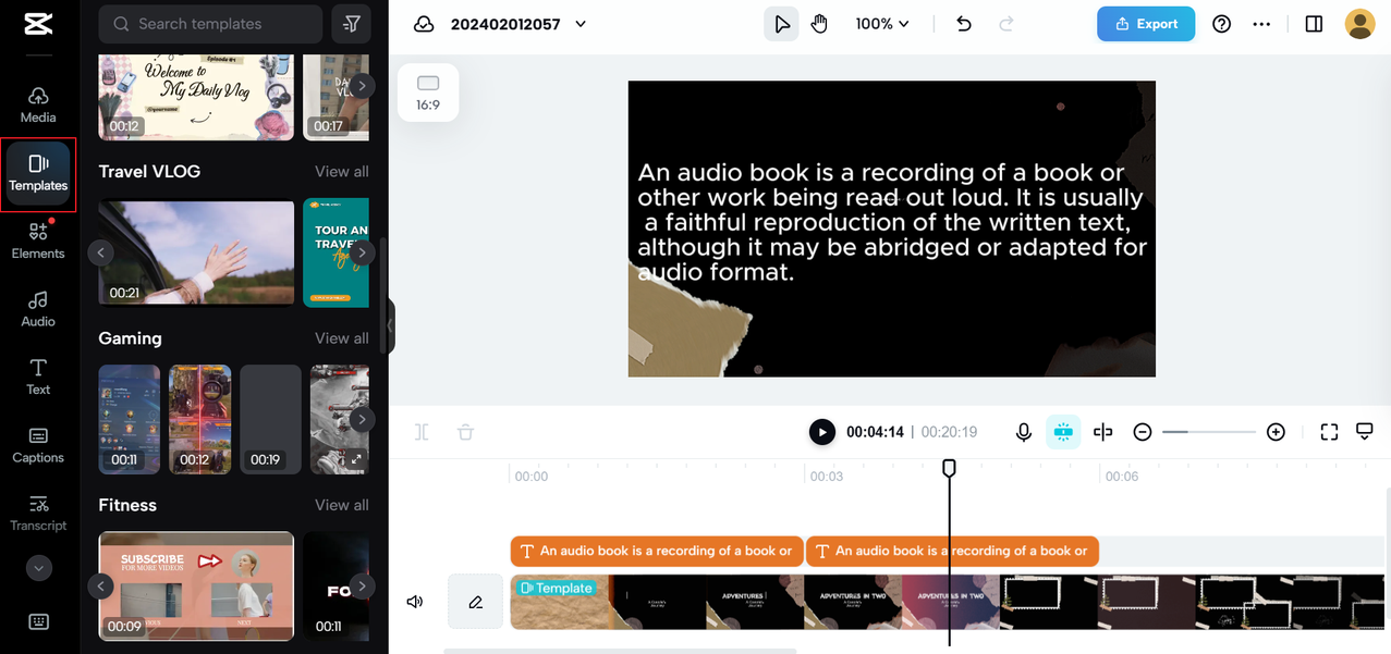 Select video templates from the CapCut online voice generator text to speech free