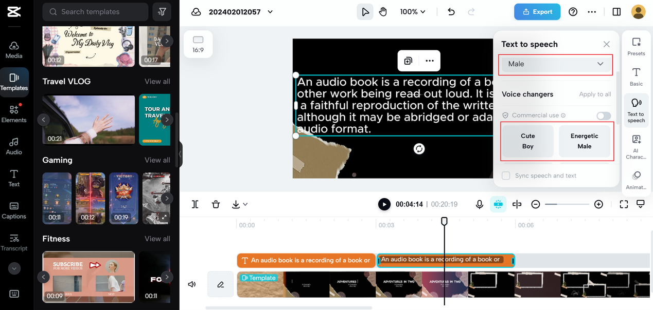 Select voice changer effects from CapCut online's free voices for text to speech