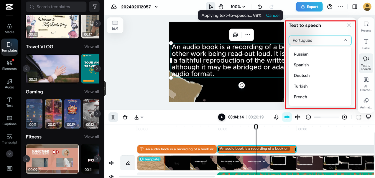 Language translation on CapCut online video editor and text to speech video maker free