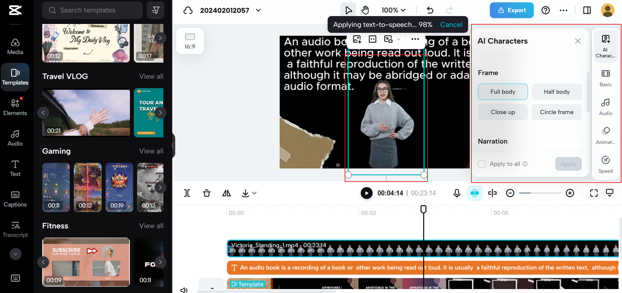 Add an AI character on CapCut online free text to speech voice generator