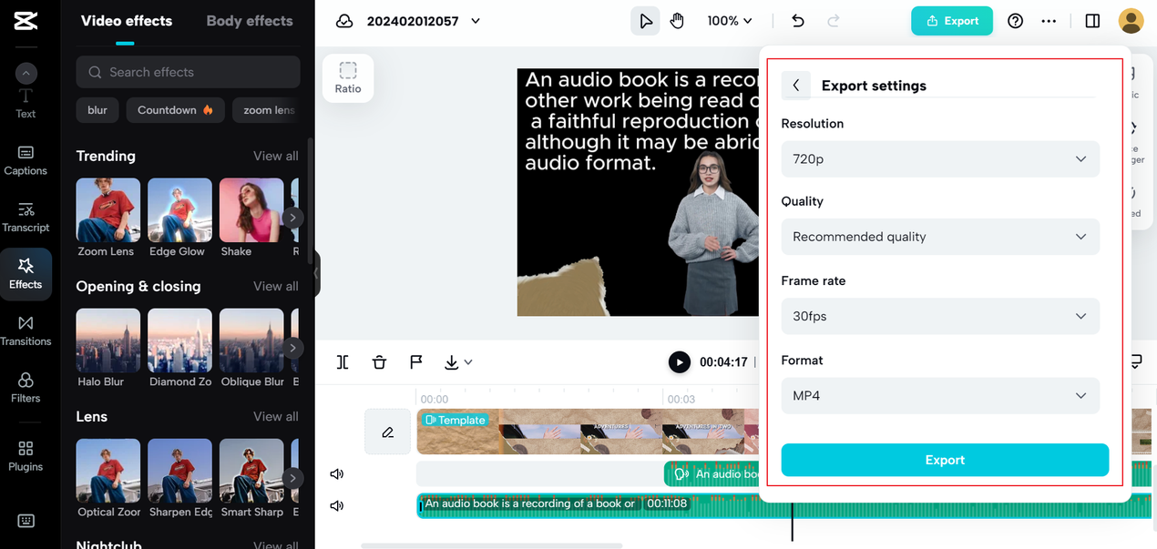 Export videos from CapCut online free text to speech generator