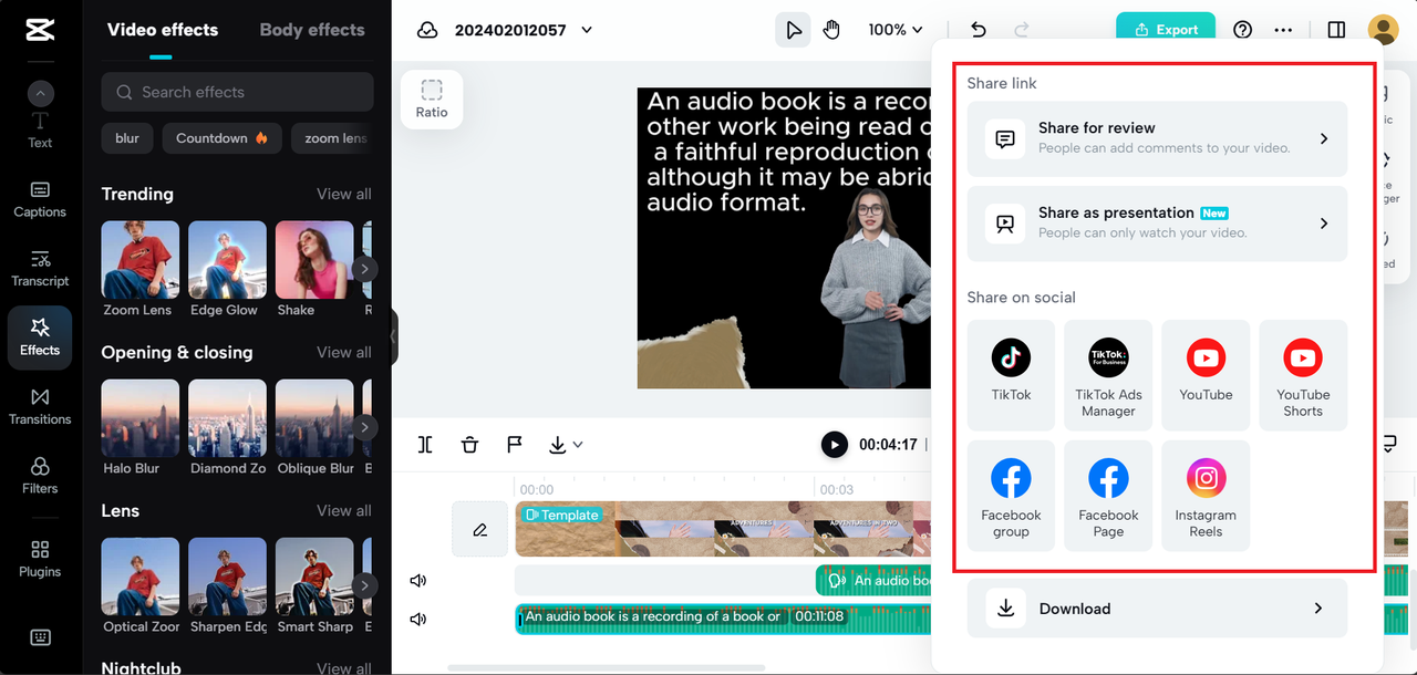 Share to social media from the CapCut online video editor and free text to speech voice generator