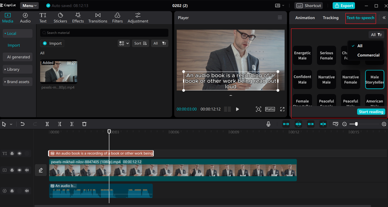 Select an effect from the free voices for text to speech on the CapCut desktop video editor