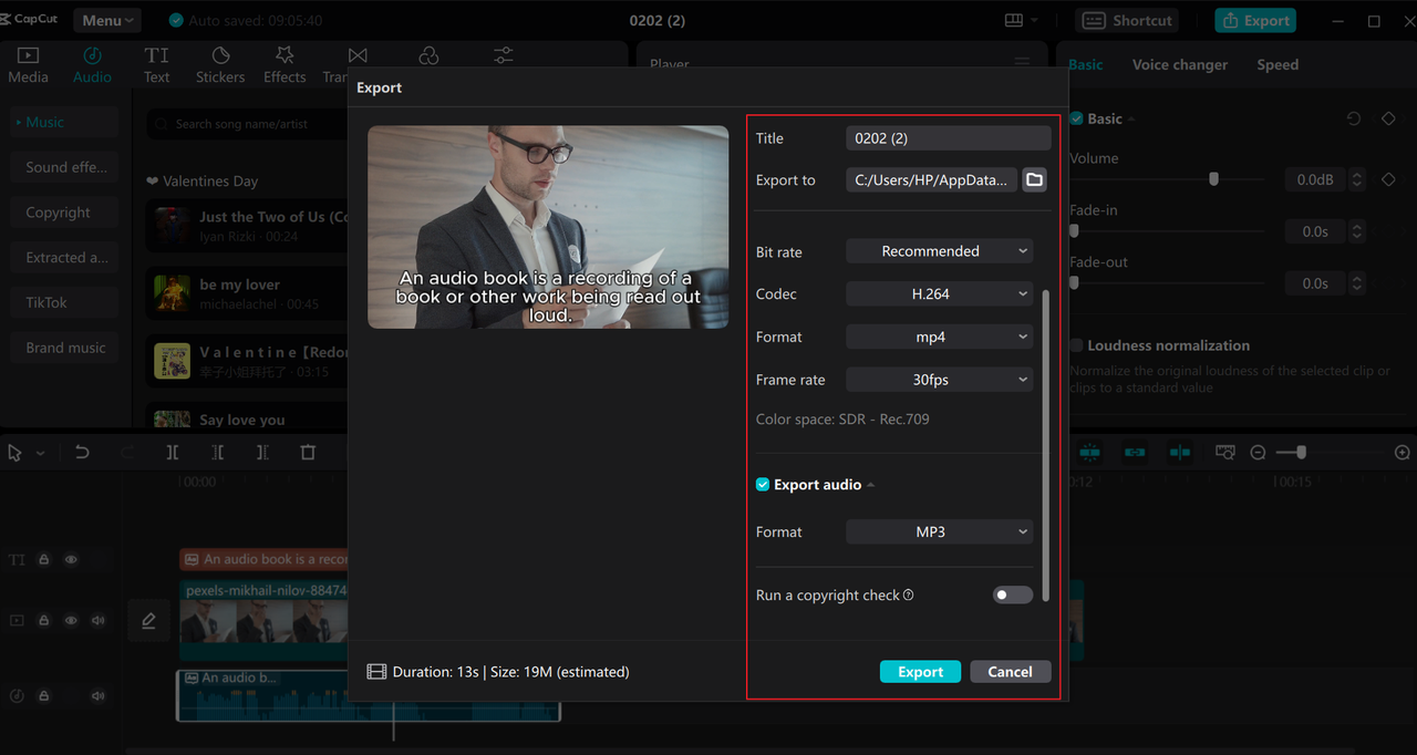 Export video on CapCut desktop free text to speech generator
