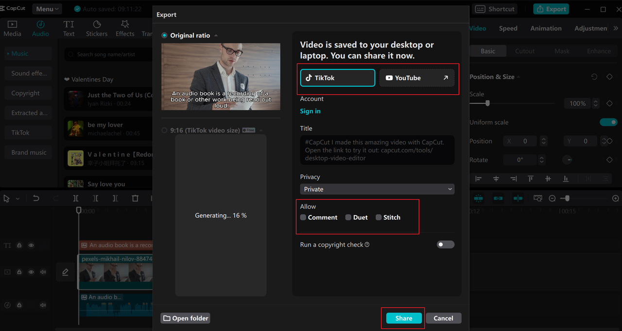 Share your video directly from the CapCut desktop free text-to-speech voice generator