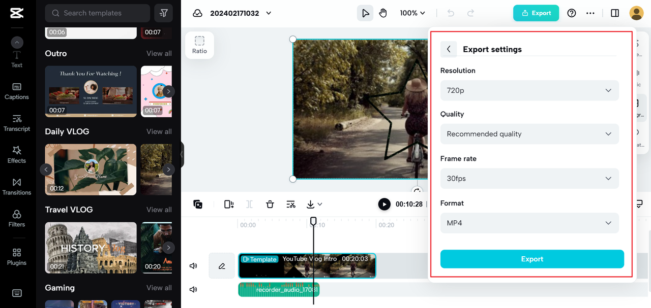 Download your video from the best free audio recording and editing software, CapCut web editor