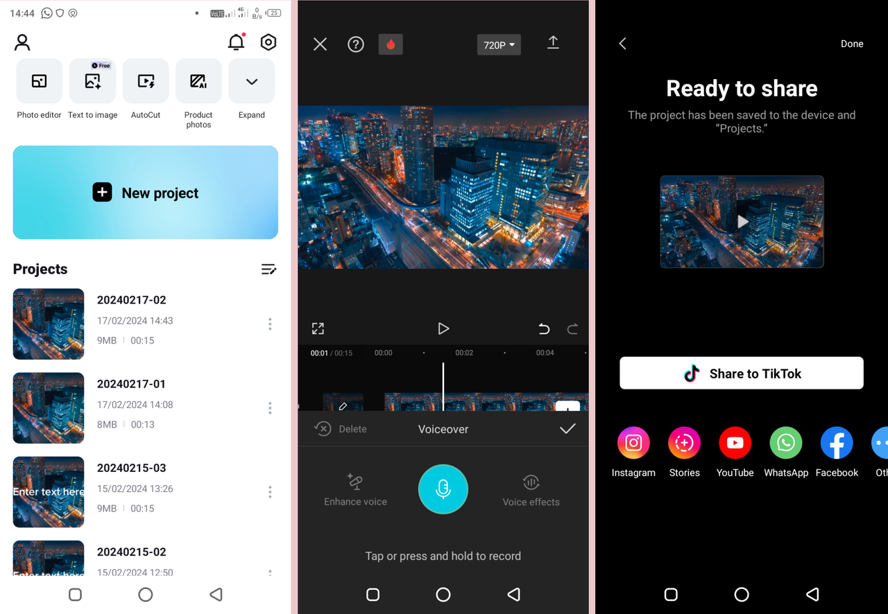 CapCut mobile editor free audio recording and editing software interface