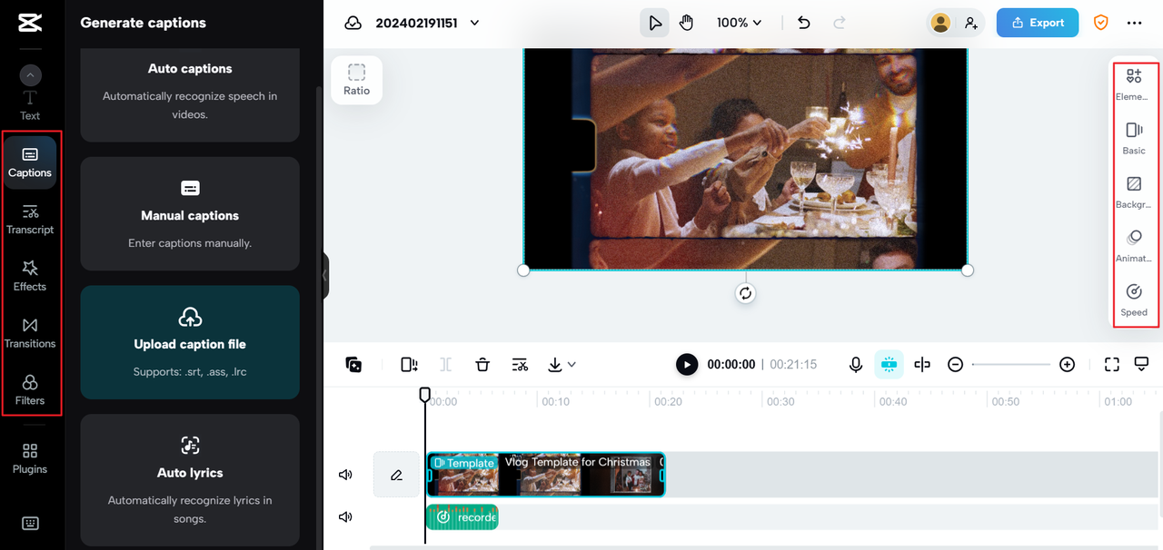 Video editing on the CapCut online video editor and free audio recording software