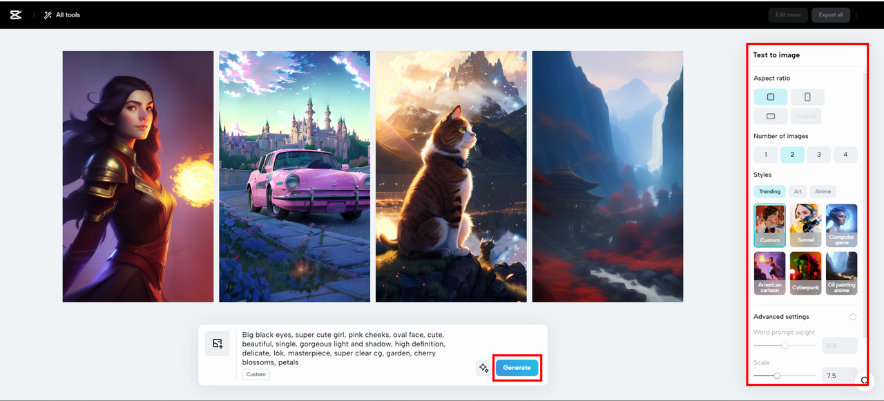customize styles, number of photos, and aspect ratio