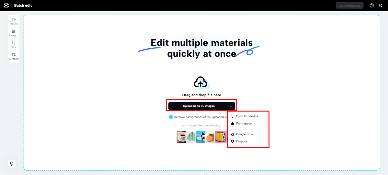 upload bulk photos in batch editor