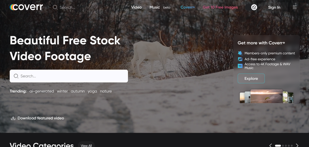 Coverr free videos for commercial use interface