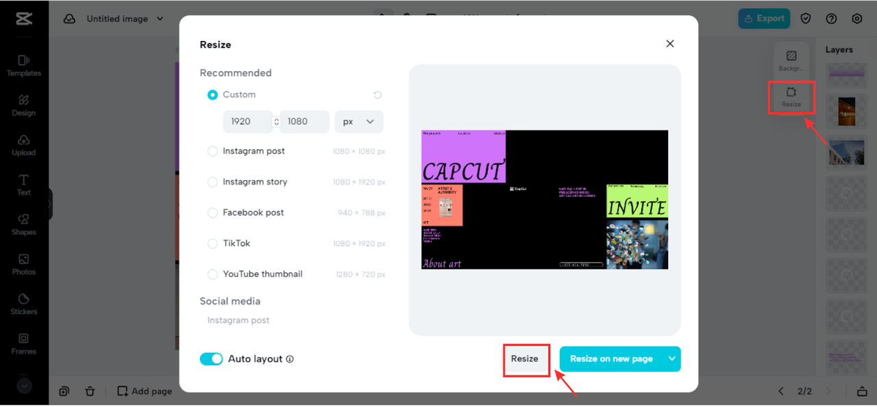 Resize feature at CapCut Online