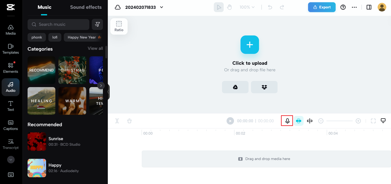 Voice record on the CapCut online free music studio app